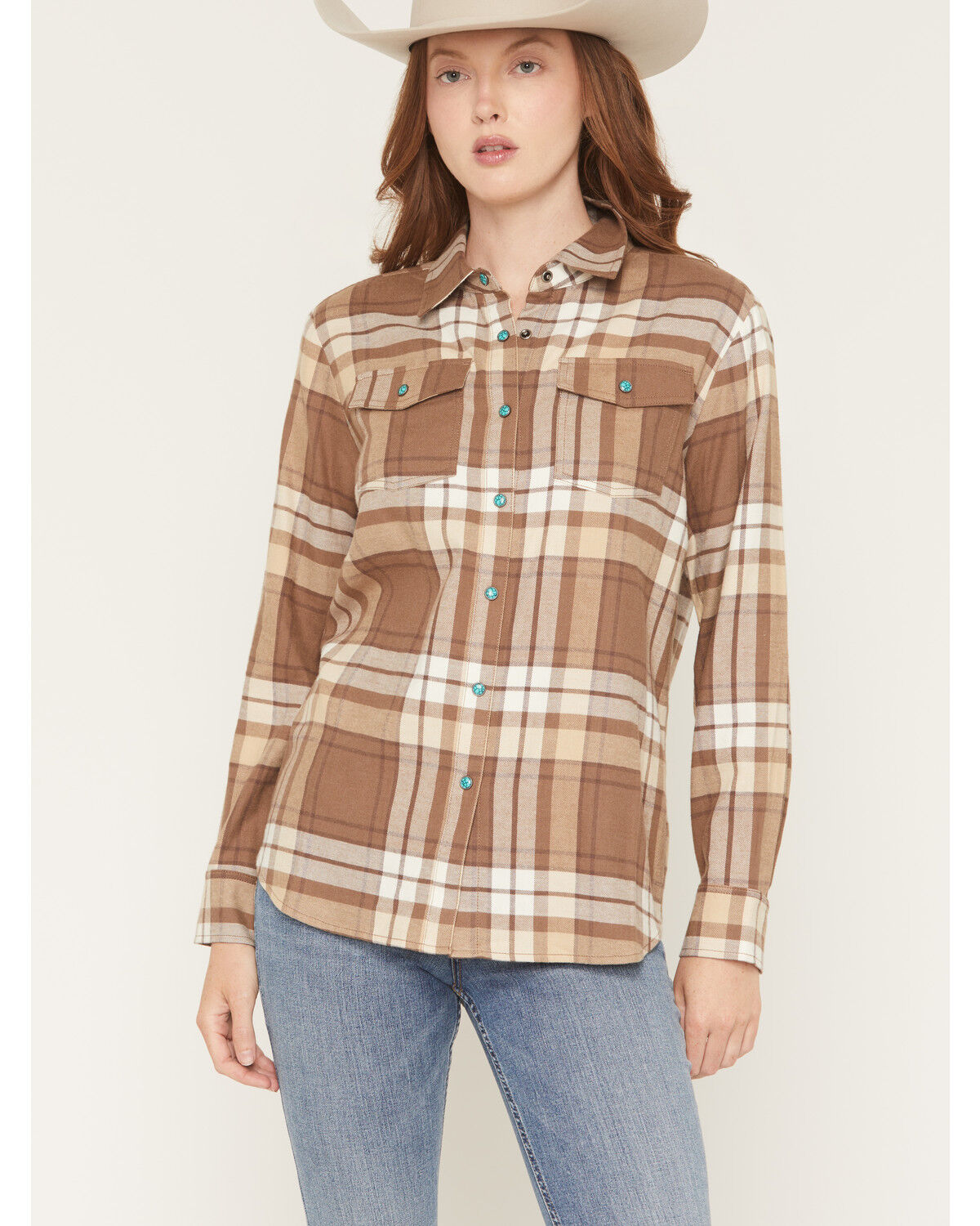 Image #1 - Shyanne Women's Elysprings Plaid Print Long Sleeve Snap Flannel Shirt, Coffee, hi-res