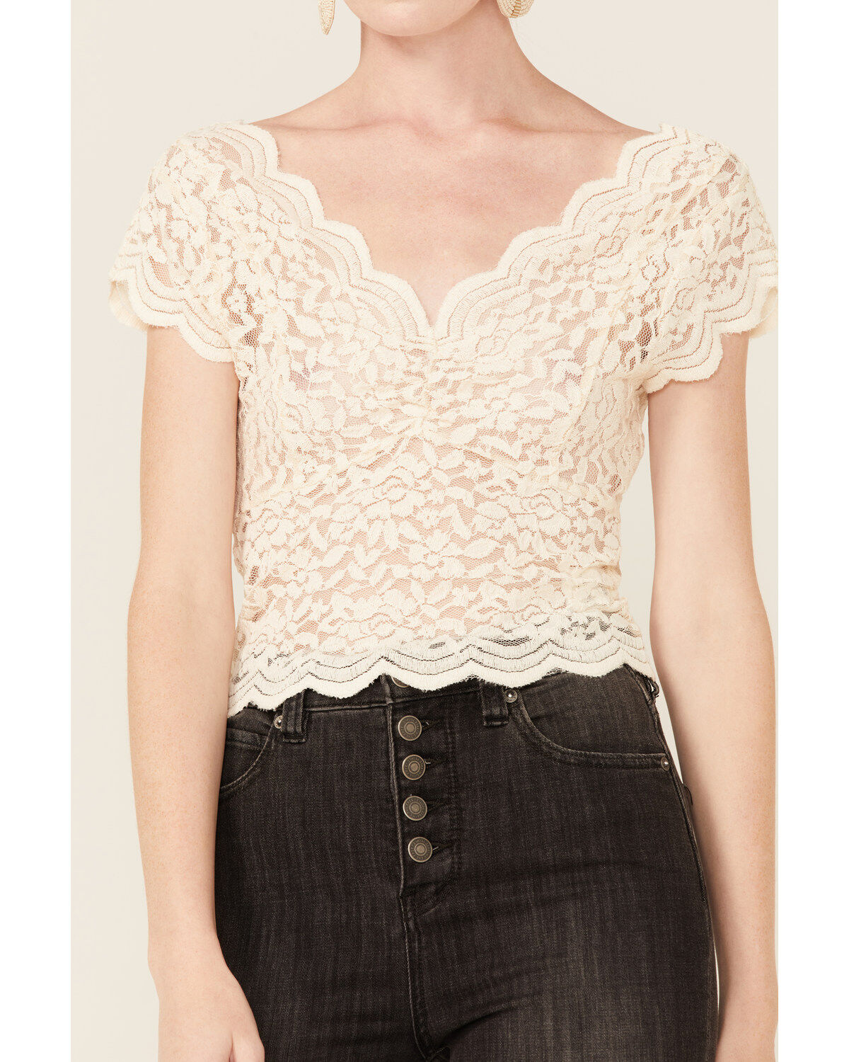 Image #3 - Shyanne Women's Ivory Lace Short Sleeve Crop Top, Ivory, hi-res