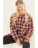 Cleo + Wolf Women's Plaid Print Long Sleeve Button Down Oversized Shacket, Ruby, hi-res