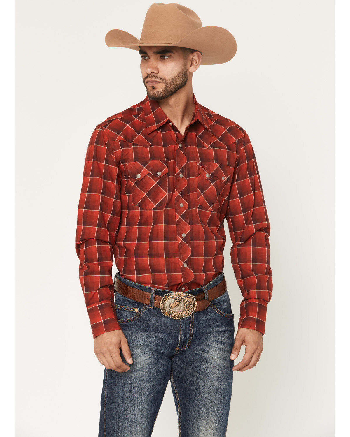 Image #1 - Wrangler Retro Men's Plaid Print Long Sleeve Snap Western Shirt - Tall, Red, hi-res