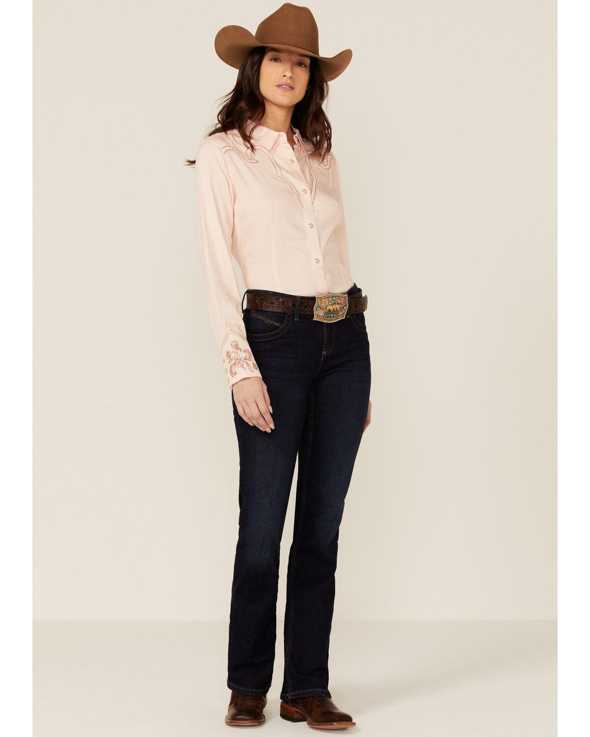 Image #4 - Wrangler Women's Pink Embroidered Cuff Western Snap Shirt, , hi-res