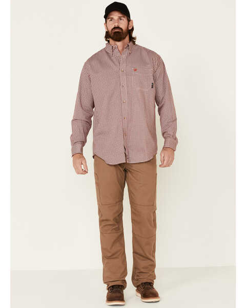Image #2 - Ariat Men's FR Check Plaid Print Long Sleeve Button Down Work Shirt, Wine, hi-res