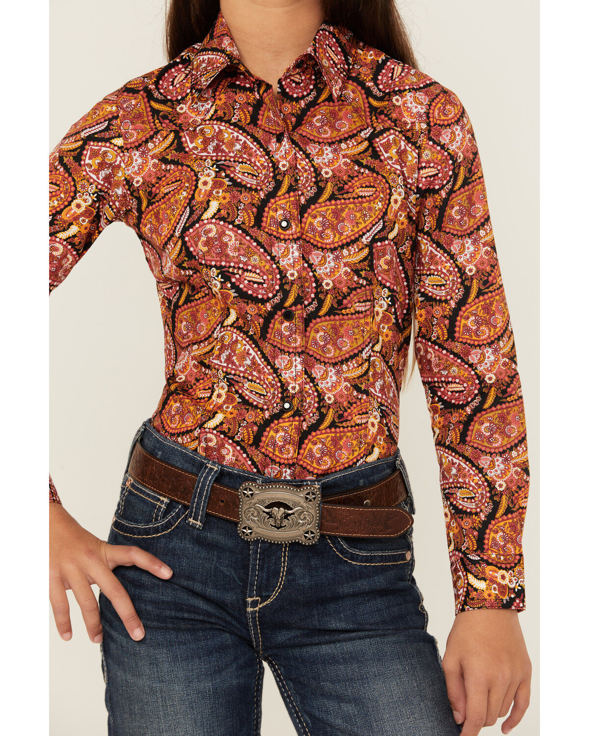 Image #3 - Cruel Girl Girls' Paisley Print Long Sleeve Button-Down Western Shirt, Coral, hi-res