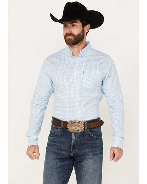 Ariat Men's Madden Geo Print Long Sleeve Button-Down Stretch Western Shirt, Light Blue, hi-res