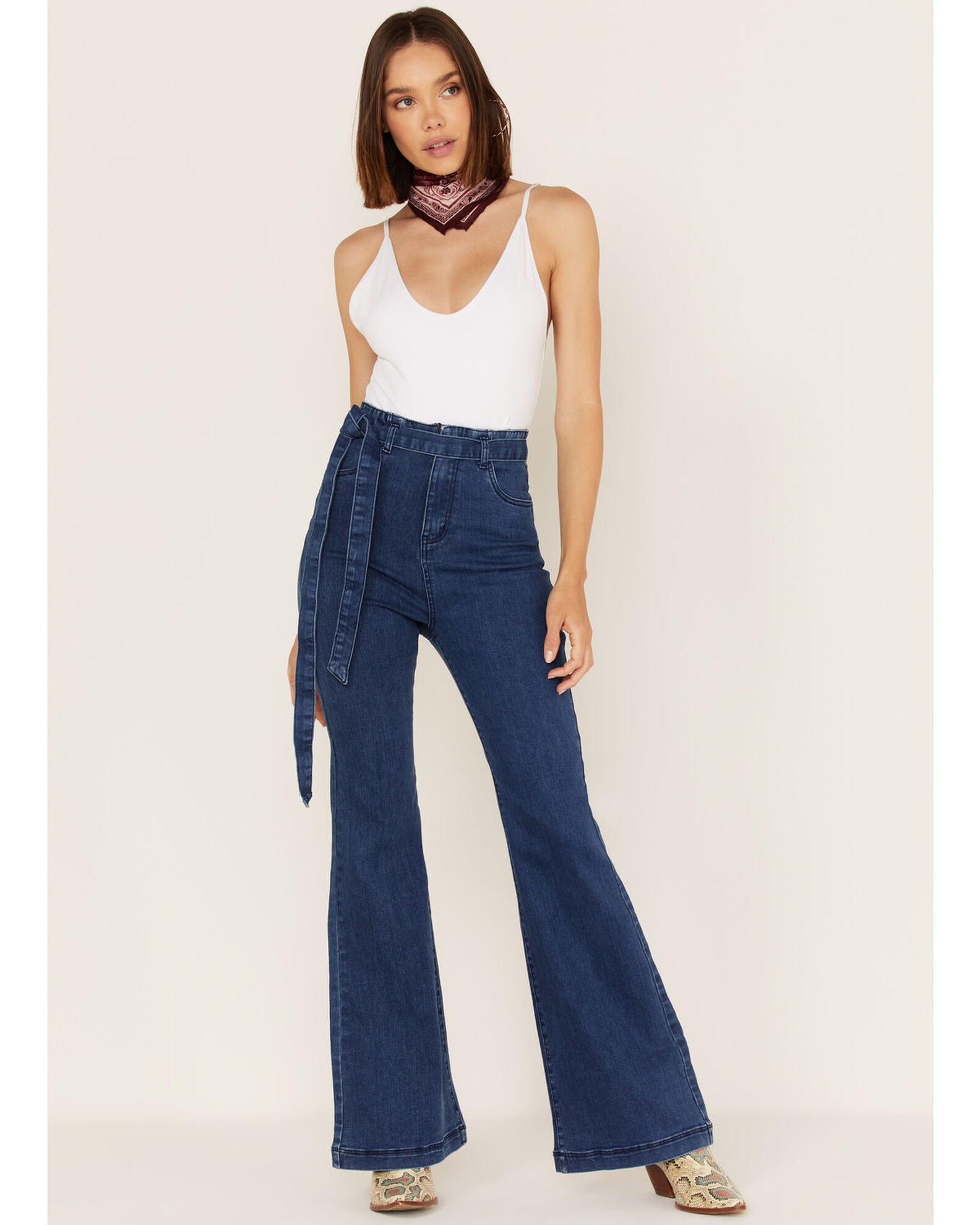 Flying Tomato Women s High Rise Self Belt Flare Leg Jeans Boot Barn