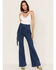 Flying Tomato Women's High Rise Self Belt Flare Leg Jeans, Blue, hi-res