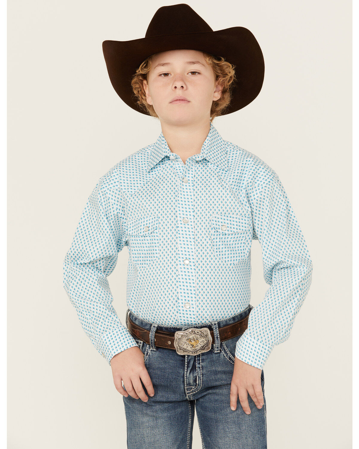 Image #1 - Rock & Roll Denim Boys' Dizzy Geo Print Long Sleeve Pearl Snap Western Shirt, Turquoise, hi-res