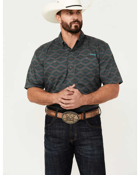 Ariat Men's 360 Airflow Southwestern Print Short Sleeve Button-Down Performance Shirt - Tall , Dark Grey, hi-res