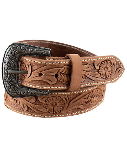 Roper Girls' Floral Hand Tooled Belt, Chocolate/turquoise, hi-res