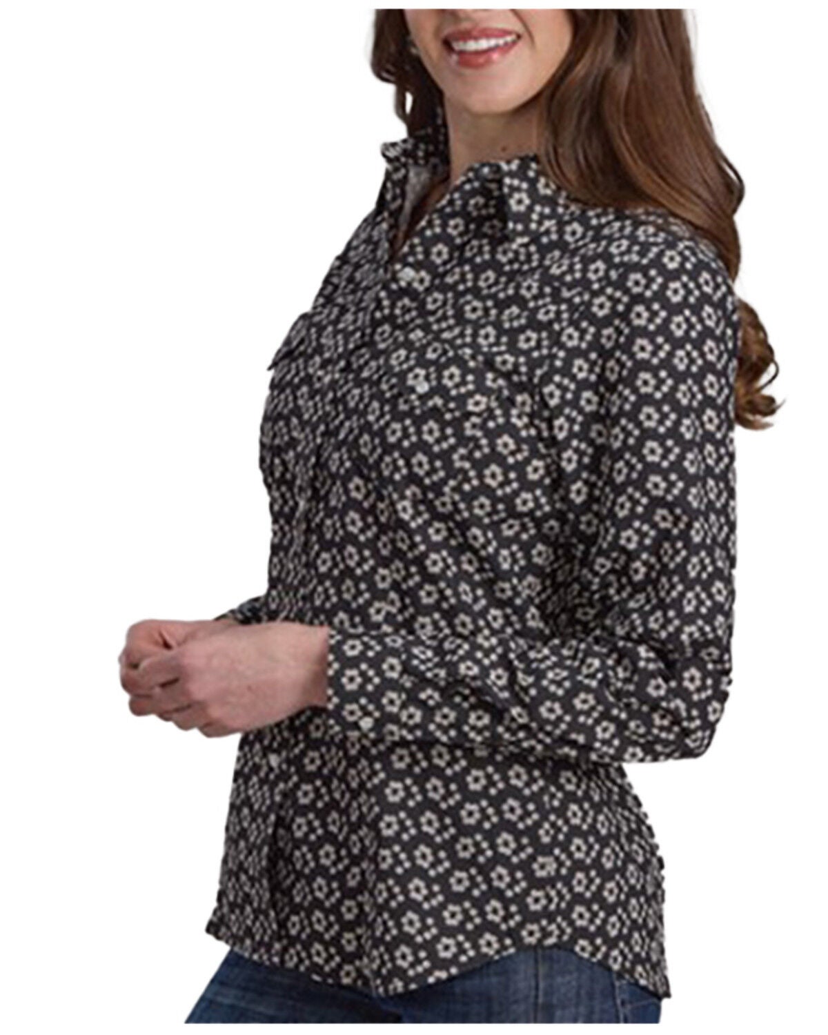 Roper Women's Floral Print Long Sleeve Snap Stretch Western Shirt, Black, hi-res