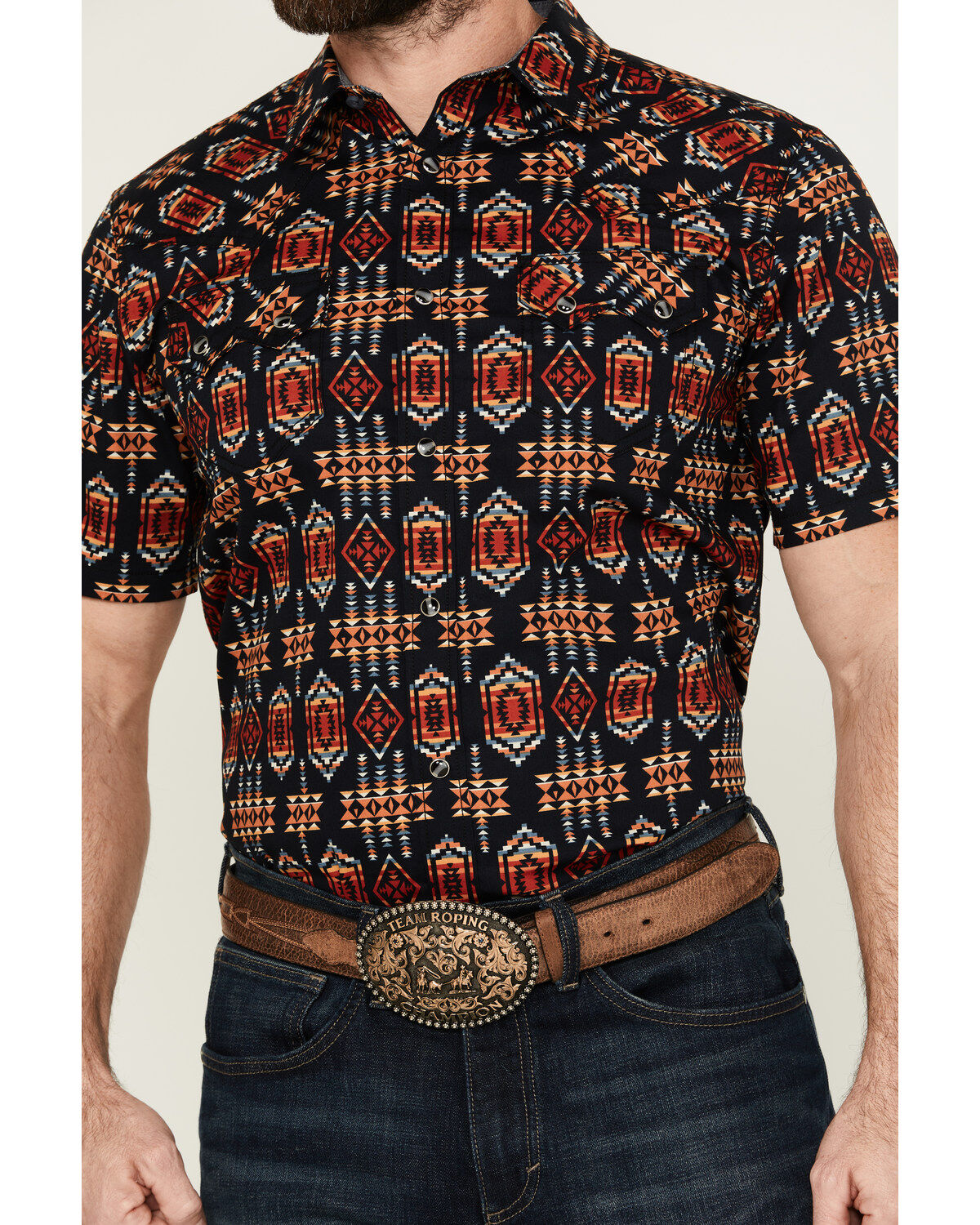 Image #3 - Cody James Men's Axe Throw Southwestern Print Short Sleeve Snap Western Shirt, Navy, hi-res