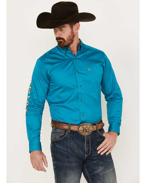 Ariat Men's Team Embroidered Logo Twill Fitted Long Sleeve Button-Down Western Shirt, Teal, hi-res