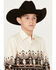 Panhandle Boys' Steer Head Southwestern Border Print Long Sleeve Pearl Snap Shirt, Natural, hi-res