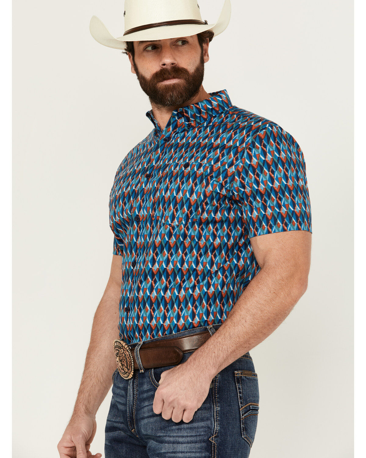 Image #2 - RANK 45® Men's Weststamp Southwestern Geo Print Short Sleeve Button-Down Stretch Western Shirt, Dark Blue, hi-res