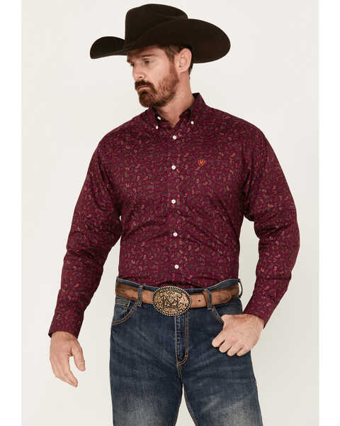 Ariat Men's Vernell Paisley Print Long Sleeve Button-Down Western Shirt, Magenta, hi-res