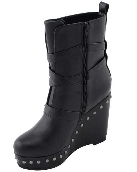 Milwaukee Leather Women's Triple Strap Wedge Boots - Round Toe, Black, hi-res
