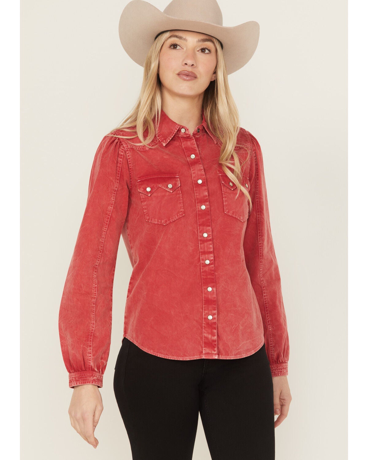 Cruel Girl Women's Solid Long Sleeve Snap Western Shirt, Red, hi-res