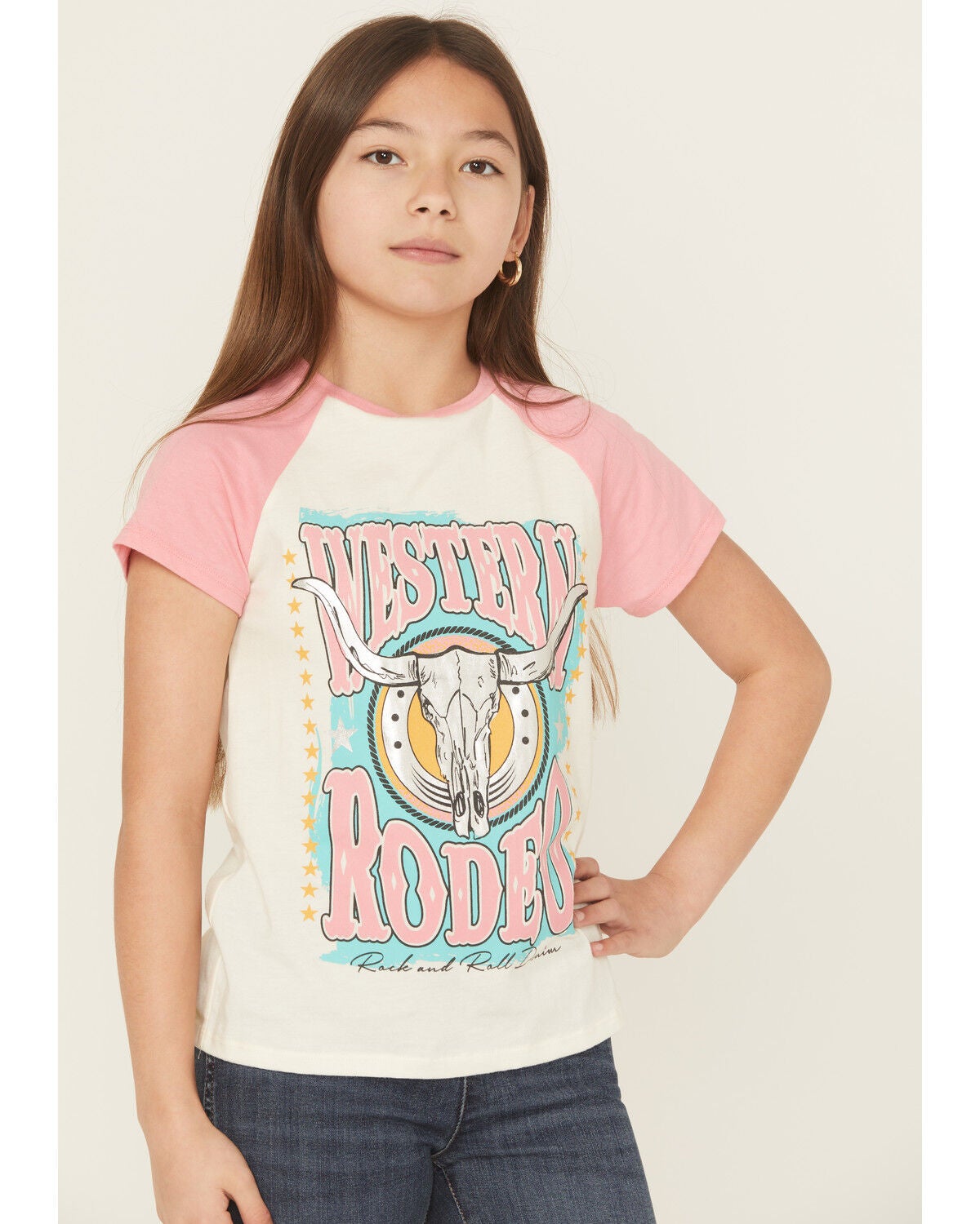 Rock & Roll Denim Girls' Western Rodeo Short Sleeve Graphic Tee, Natural, hi-res