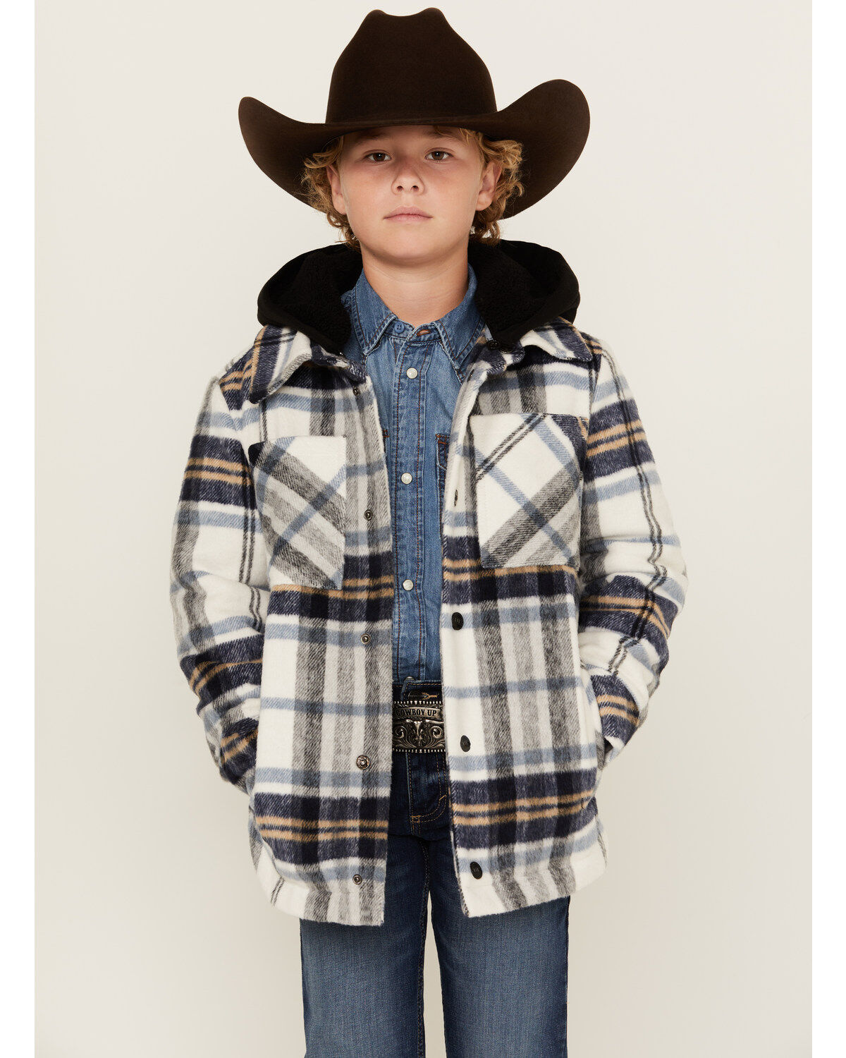 Image #1 - Urban Republic Boys' Plaid Print Sherpa Lined Hooded Shirt Jacket, White, hi-res