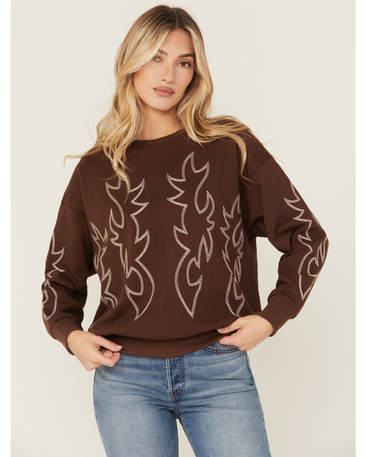 Blue B Women's Boot Stitch Crewneck Sweatshirt, Brown, hi-res