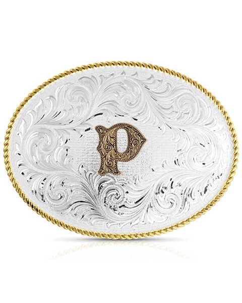 Montana Silversmiths Classic Western Oval Two-Tone Initial Belt Buckle - P, Silver, hi-res