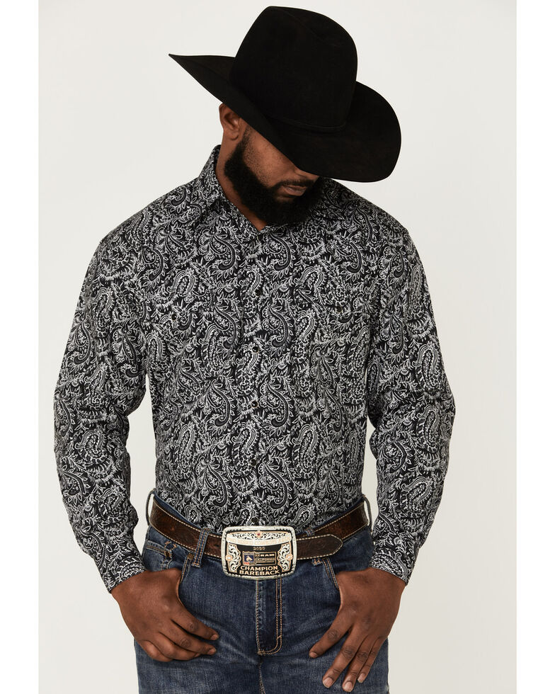 Rough Stock By Panhandle Men's Paisley Print Long Sleeve Snap Western Shirt , Black, hi-res