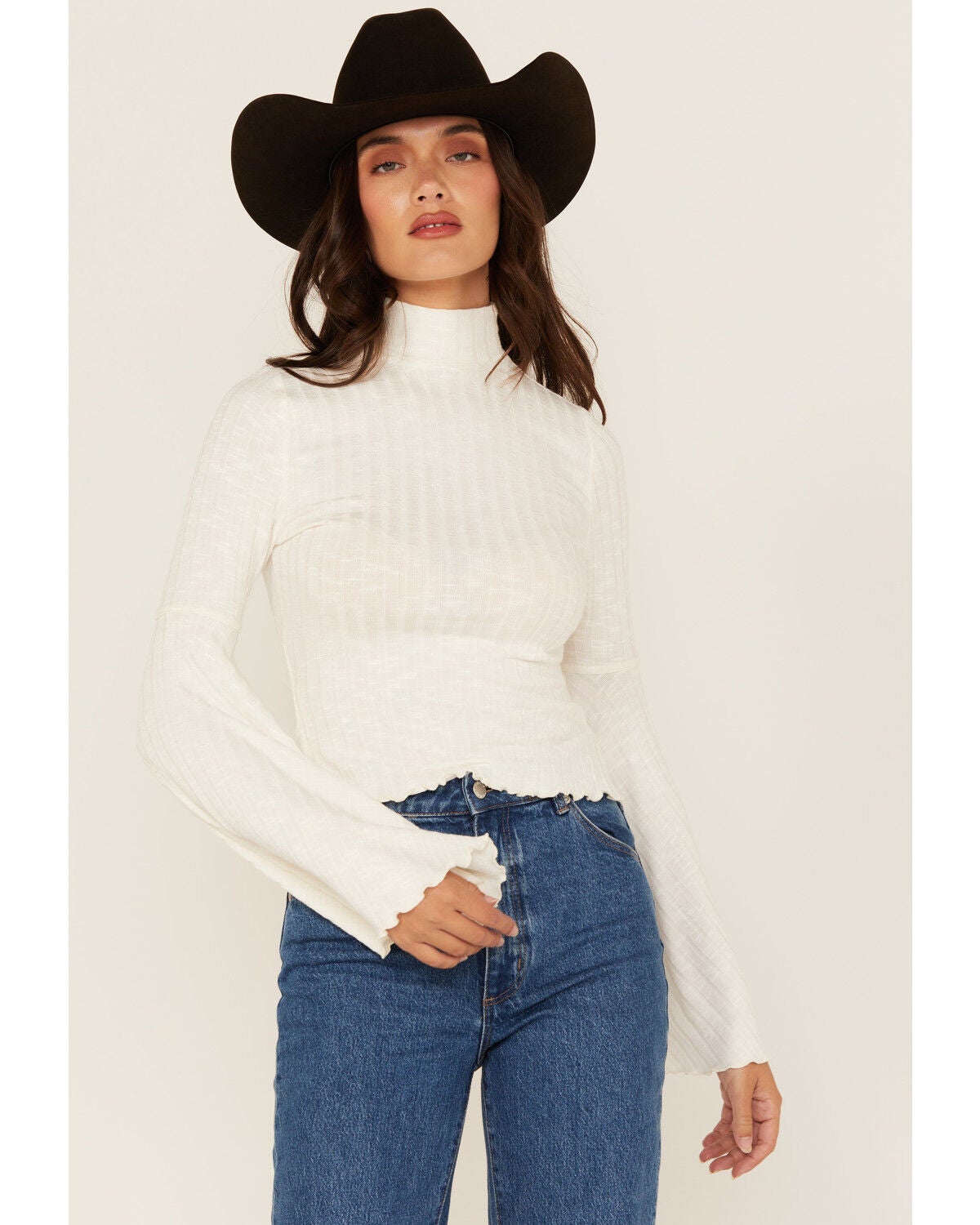 Shyanne Women's Mock Neck Long Bell Sleeve Top, Cream, hi-res