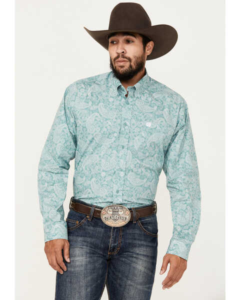 Cinch Men's Paisley Print Long Sleeve Button-Down Western Shirt, Turquoise, hi-res