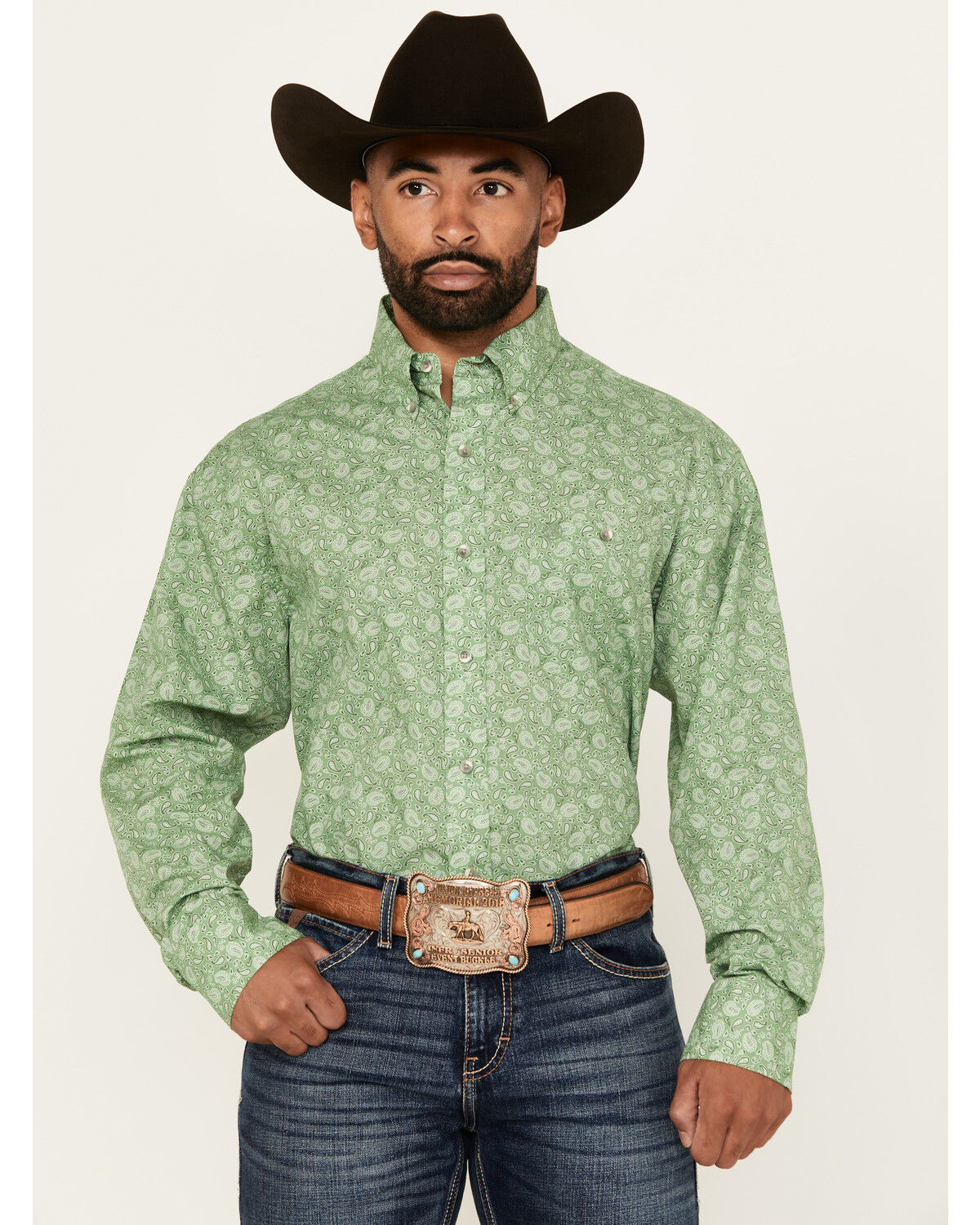 Image #1 - Wrangler Men's Paisley Print Long Sleeve Button-Down Western Shirt, Green, hi-res
