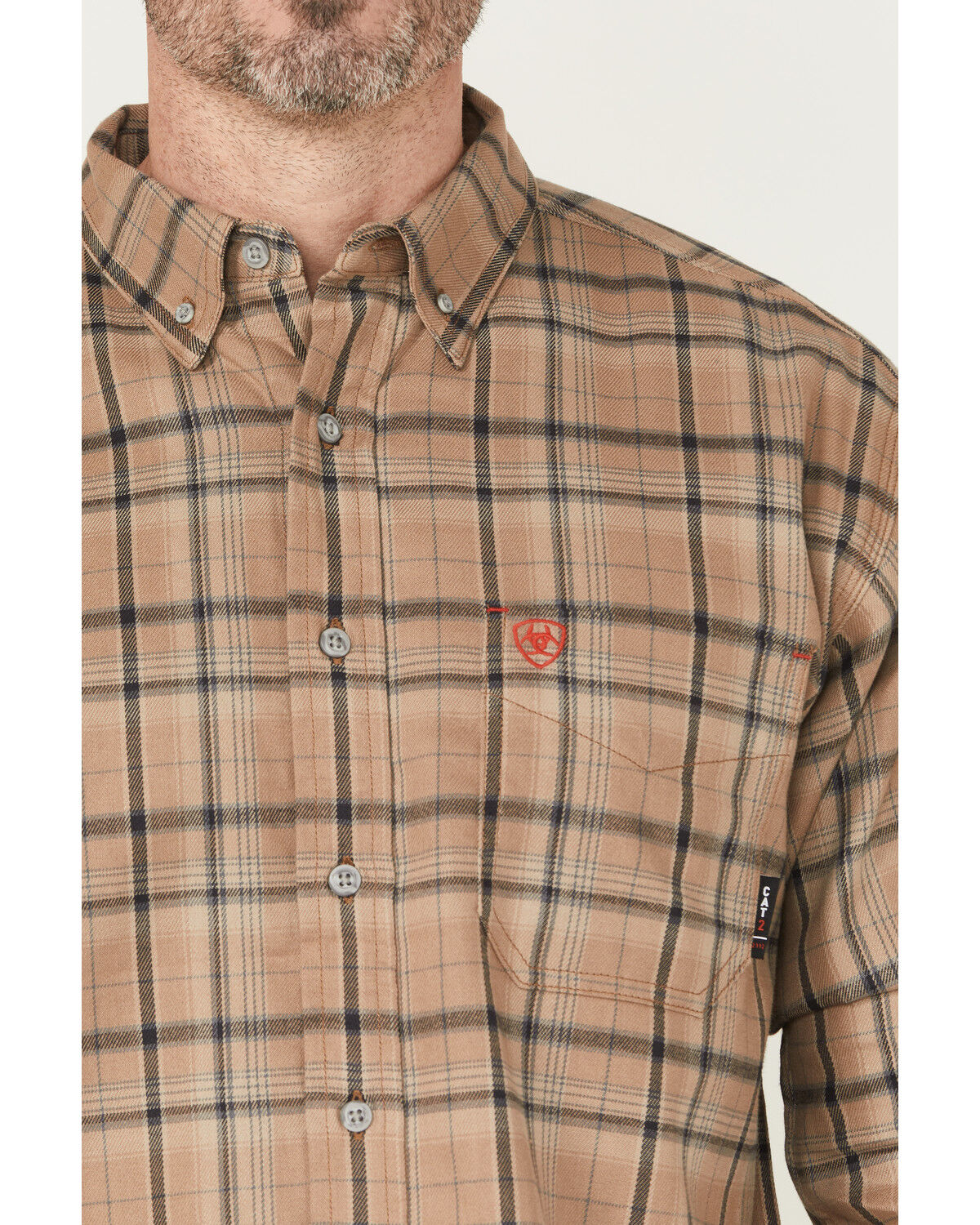 Image #3 - Ariat Men's FR Dean Plaid Print Long Sleeve Button-Down Work Shirt, Khaki, hi-res