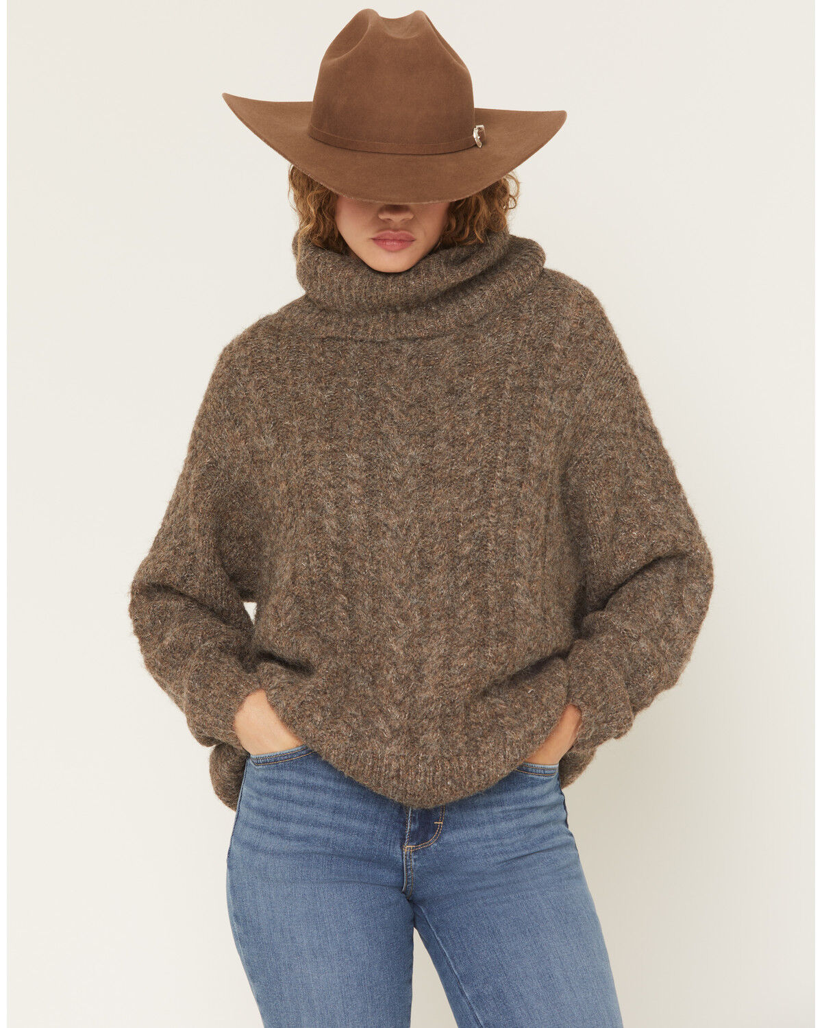 Shyanne Women's Sherry Oversized Turtleneck Sweater, Taupe, hi-res