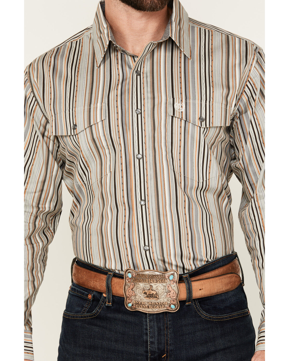Image #3 - Panhandle Select Men's Striped Long Sleeve Pearl Snap Western Shirt, Sand, hi-res