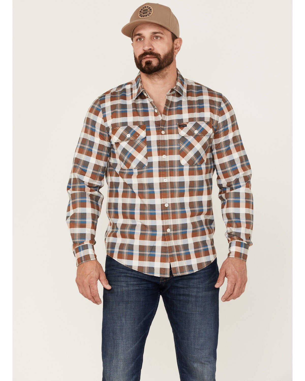 Brixton Men's Bowery Summer Weight Plaid Button-Down Western Shirt, Orange, hi-res