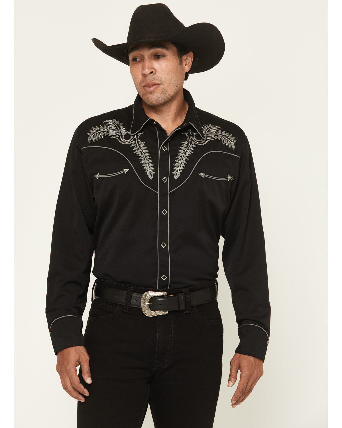 Image #1 - Scully Men's Embroidered Long Sleeve Snap Western Shirt, Black, hi-res