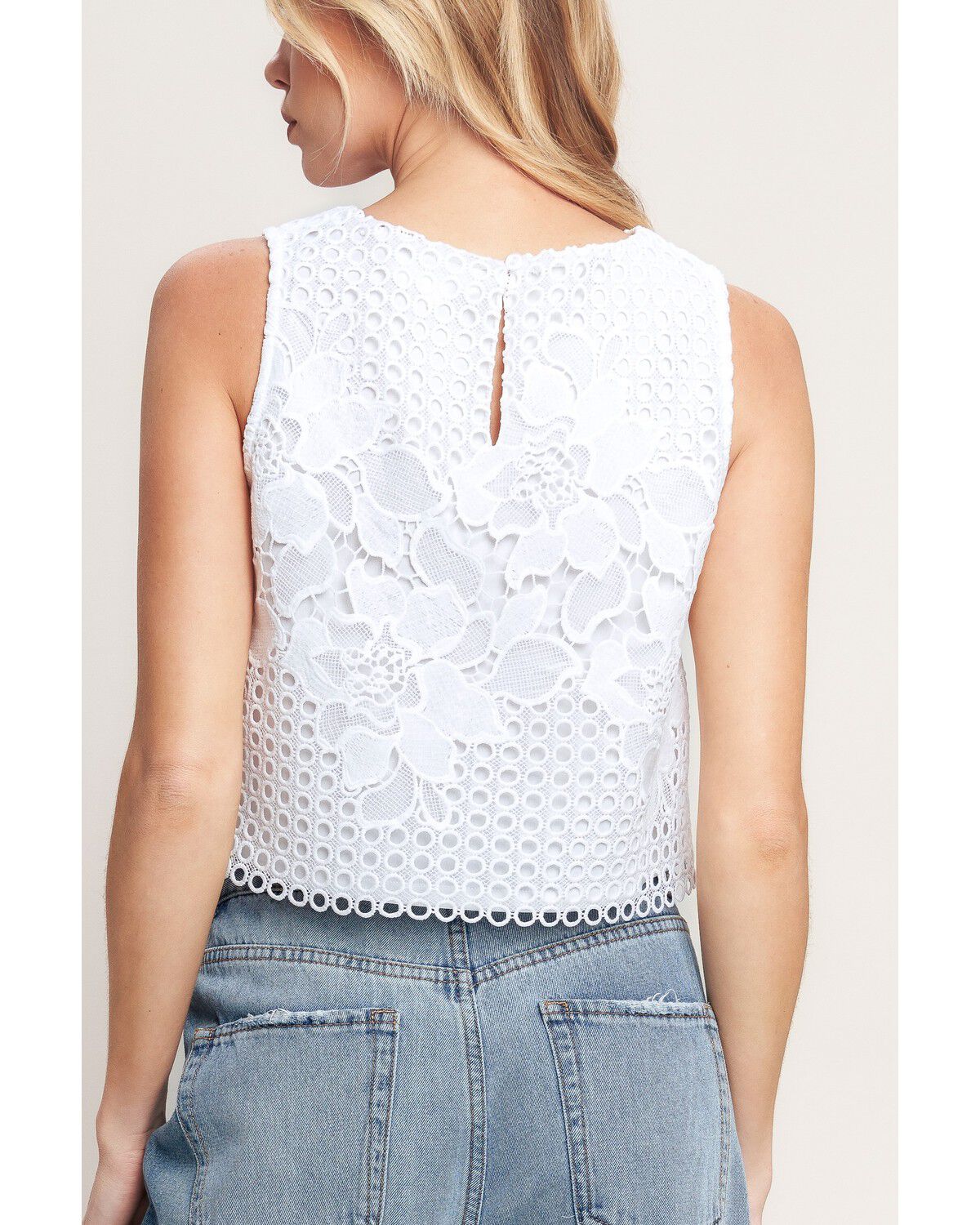 Image #4 - Flying Tomato Women's Sleeveless Floral Lace Cropped Blouse, White, hi-res