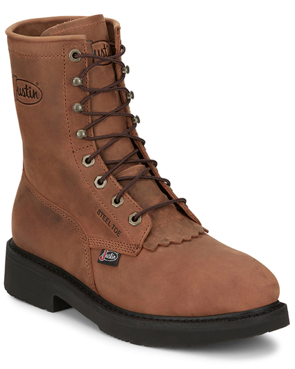Justin Men's 8" Livestock Lace-Up Work Boots - Steel Toe, Brown, hi-res