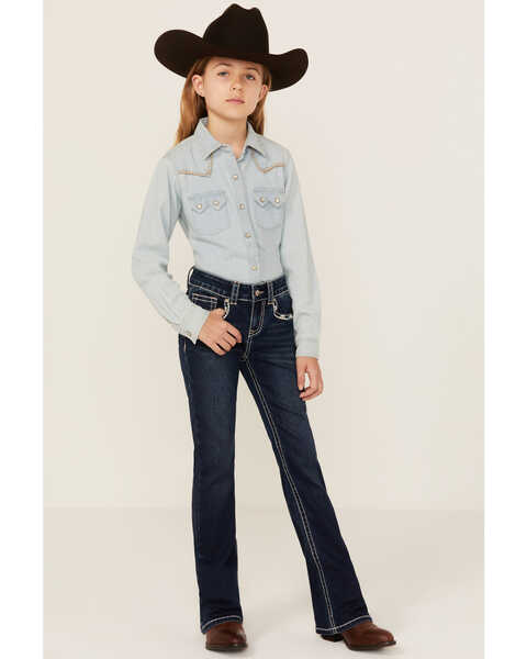 Shyanne Girls' Southwestern Floral Border Pocket Stretch Bootcut Jeans, Blue, hi-res