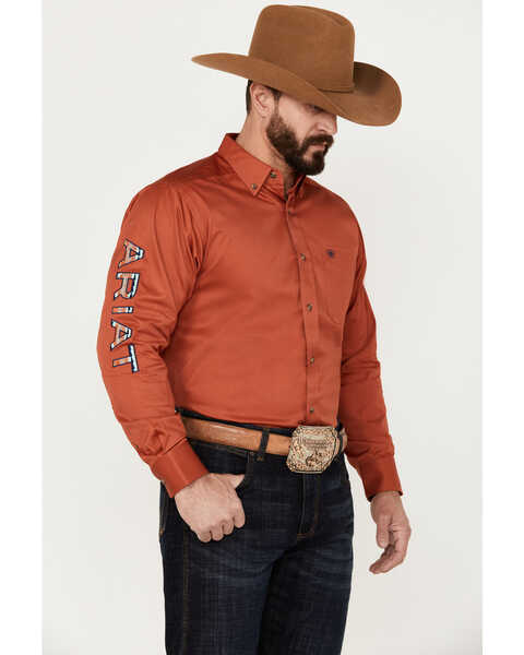 Ariat Men's Team Embroidered Logo Twill Classic Fit Long Sleeve Button Down Western Shirt, Dark Orange, hi-res