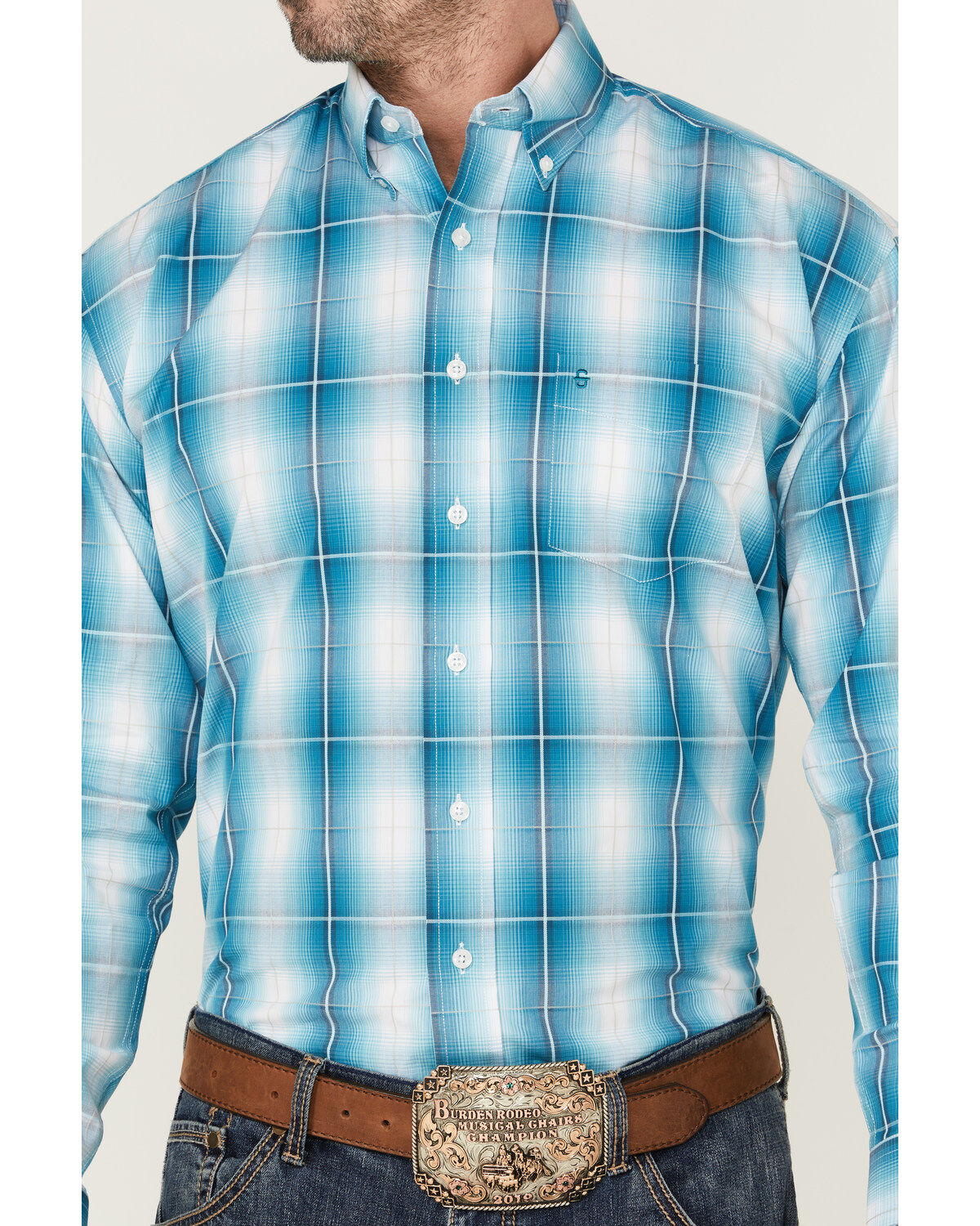 Image #3 - Stetson Men's Large Ombre Plaid Print Long Sleeve Button Down Western Shirt, Blue, hi-res