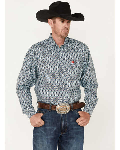 Cinch Men's Stretch Geo Print Button Down Western Shirt, Light Blue, hi-res