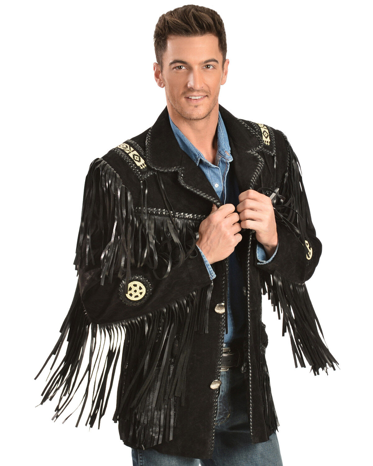 Image #2 - Scully Men's Hand Laced Bead Trim Coat, Black, hi-res