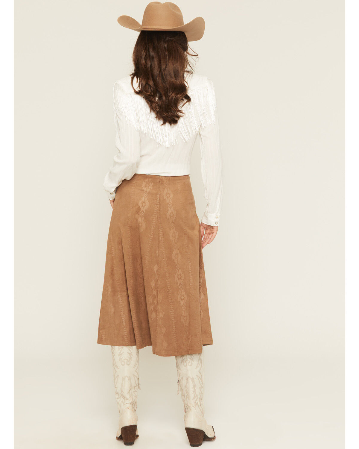 Image #3 - Shyanne Women's Embossed Southwestern Print Faux Suede Midi Skirt, Coffee, hi-res