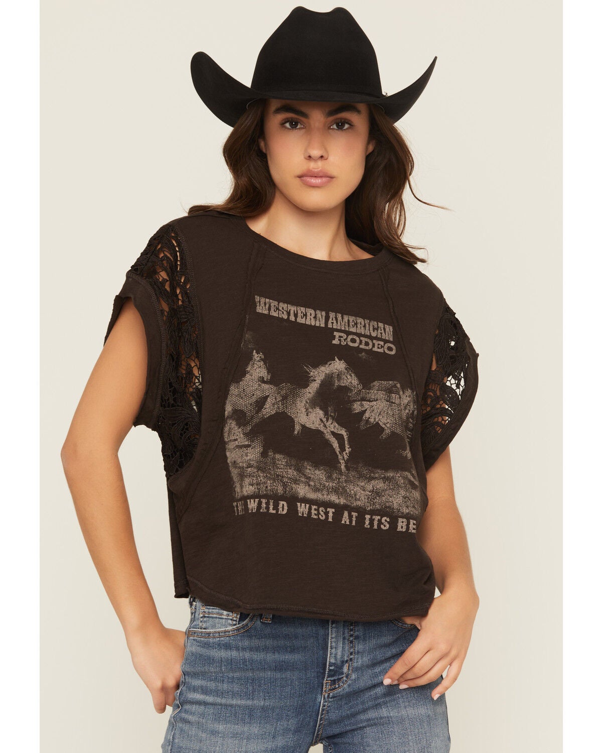 Originality Women's American Rodeo Lace Short Sleeve Graphic Tee, Brown, hi-res