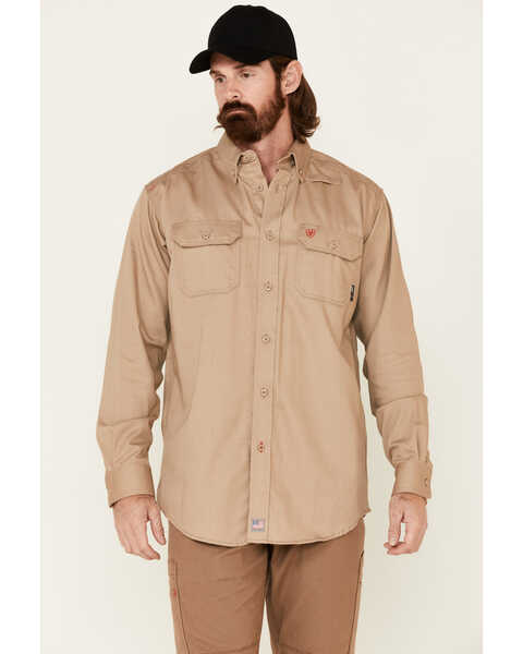 Image #1 - Ariat Men's Woven Solid Print Fire Resistant Work Shirt, Khaki, hi-res