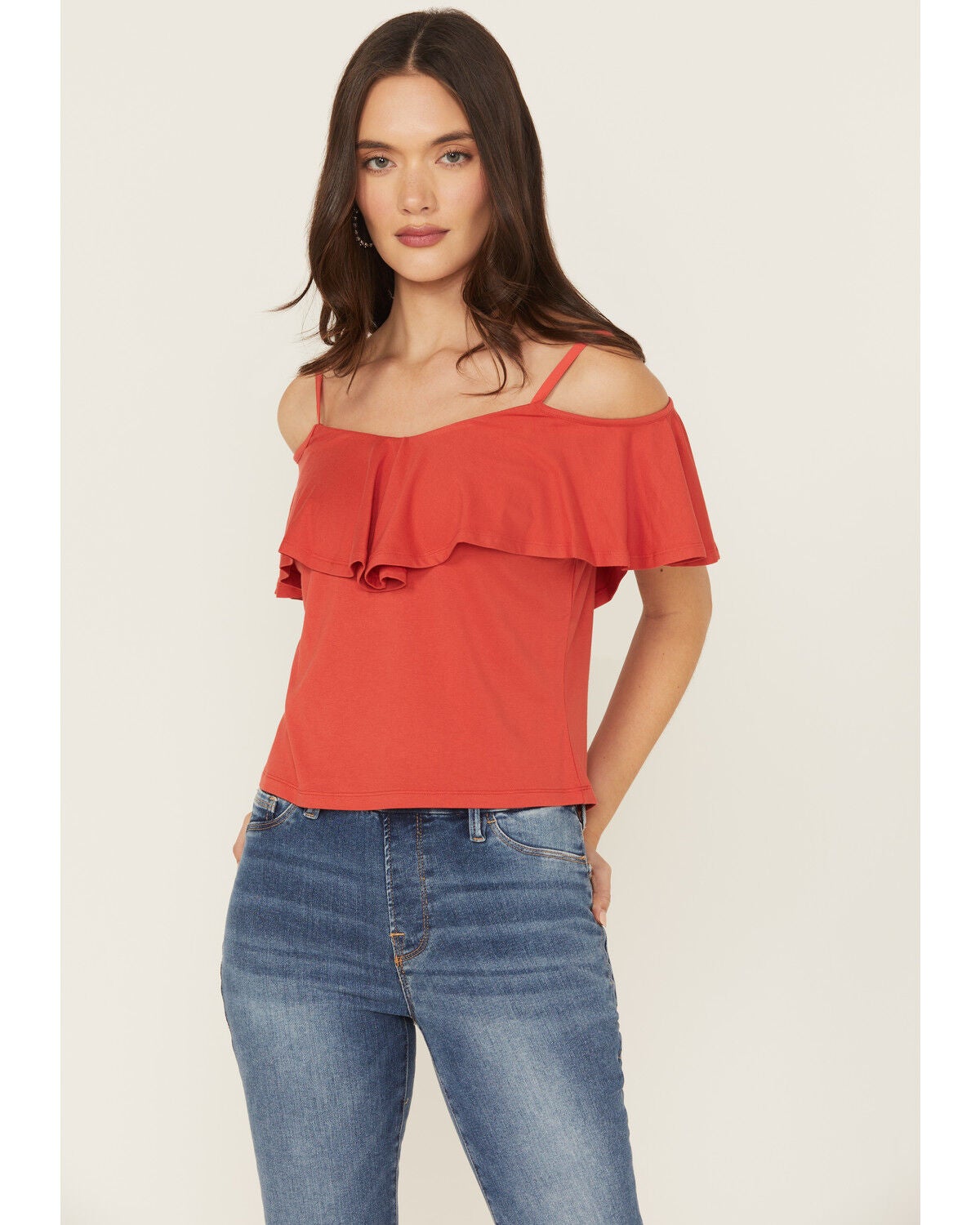 Shyanne Women's Cold Shoulder Ruffle Tank Top, Red, hi-res