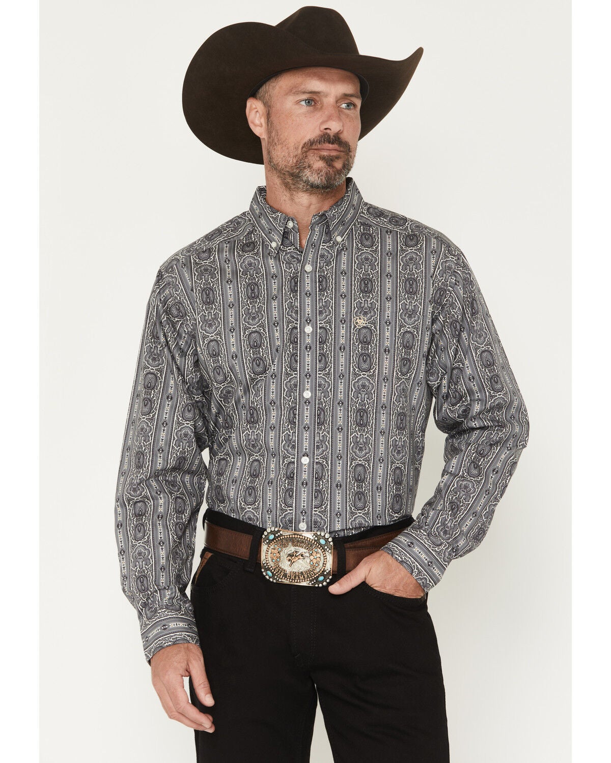 Ariat Men's Tatum Medallion Striped Long Sleeve Button-Down Western Shirt, Grey, hi-res