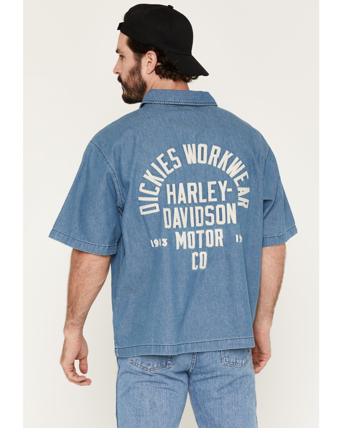 Dickies X Harley Davidson Men's Embroidered Short Sleeve Button-Down Denim Work Shirt, Light Wash, hi-res