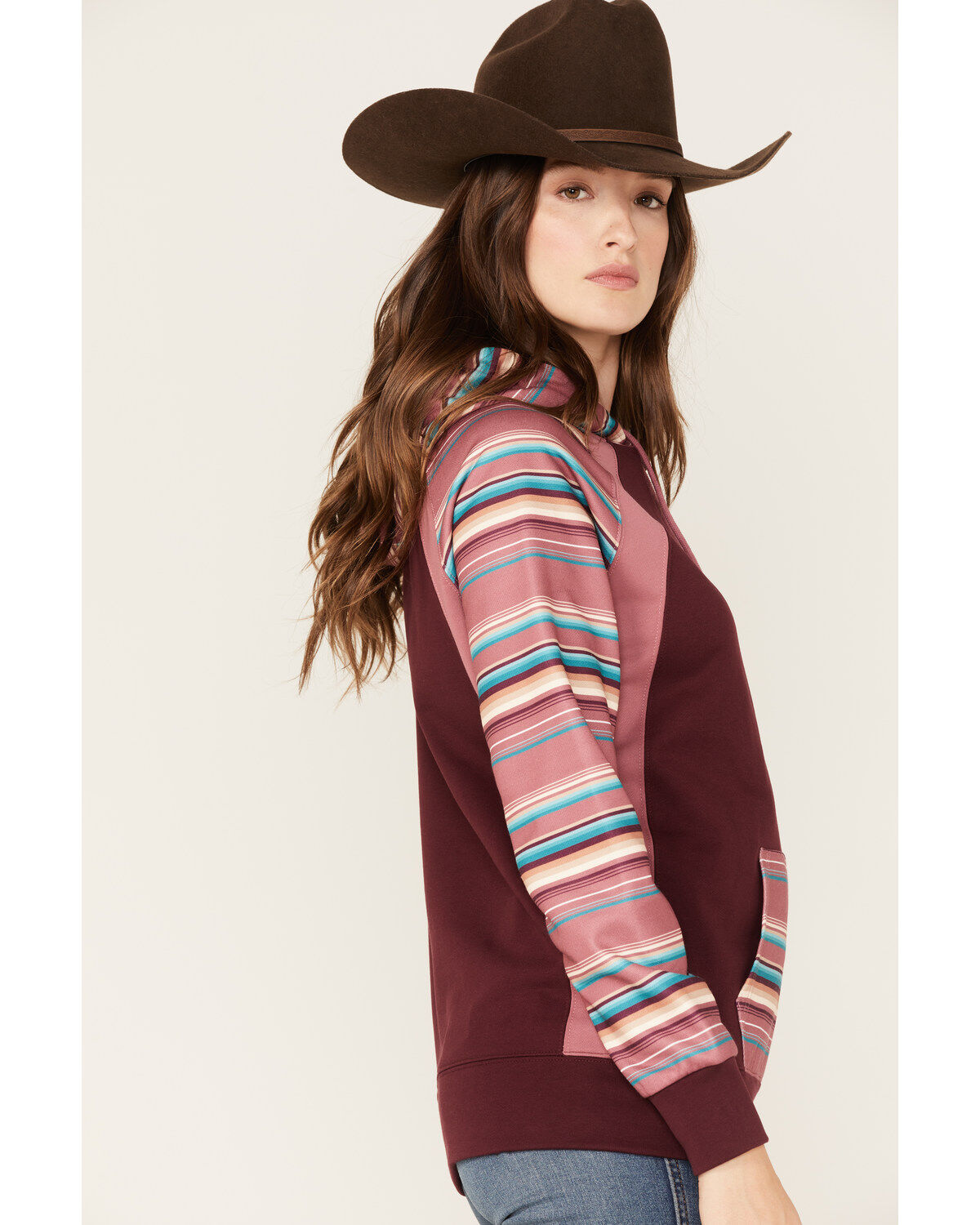 Image #2 - Hooey Women's Serape Stripe Contrast Print Savannah Hoodie, Maroon, hi-res