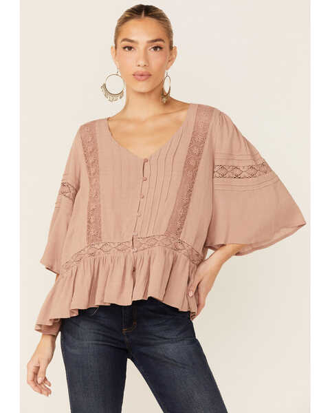 By Together Women's Blush Lace Inset Peasant Blouse, Blush, hi-res