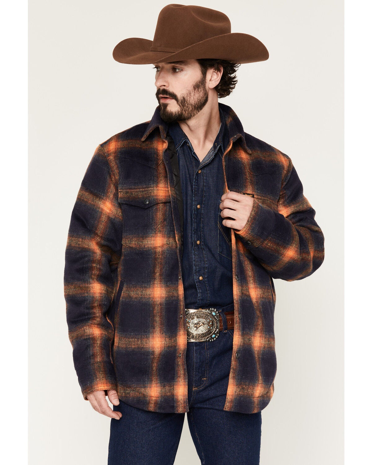Image #1 - Wrangler Men's Plaid Print Quilt Lined Snap Shirt Jacket, Navy, hi-res